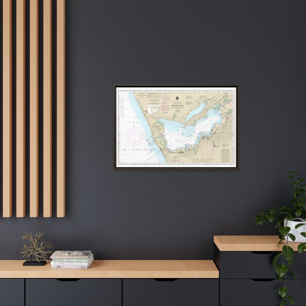Chart 14934 Muskegon Lake and Muskegon Harbor - NOAA Nautical Chart Floating Frame Canvas | 30" x 20" | 36" x 24" | 48" x 32" - Espresso context-2