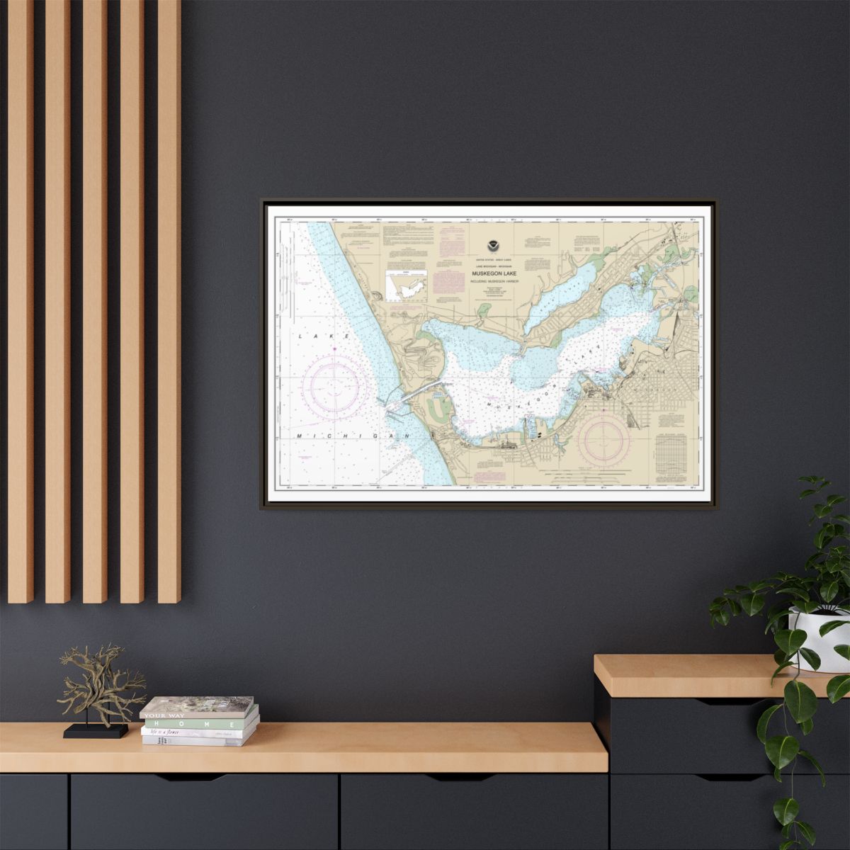 Chart 14934 Muskegon Lake and Muskegon Harbor - NOAA Nautical Chart Floating Frame Canvas | 30" x 20" | 36" x 24" | 48" x 32" - Espresso context-2