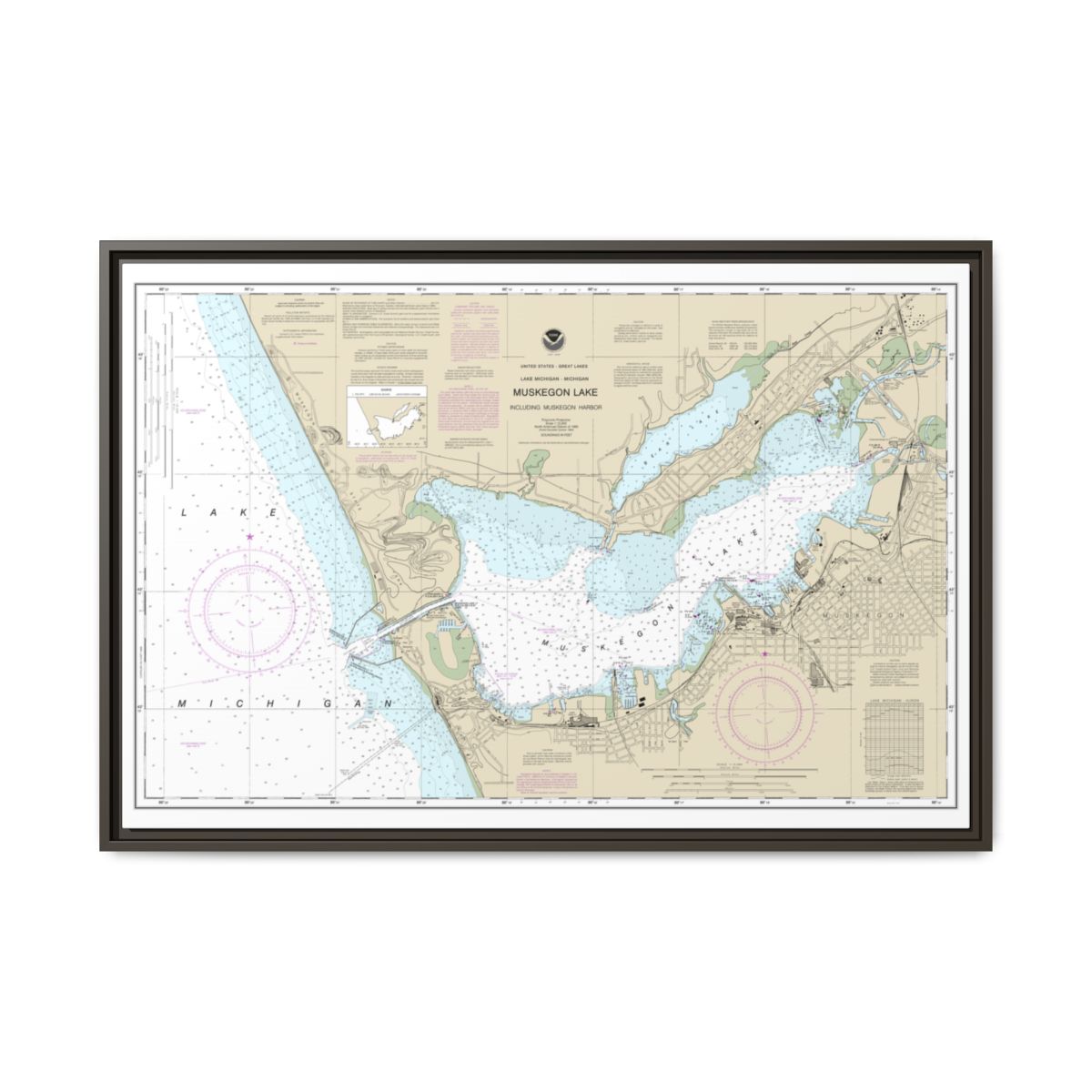 Chart 14934 Muskegon Lake and Muskegon Harbor - NOAA Nautical Chart Floating Frame Canvas | 30" x 20" | 36" x 24" | 48" x 32" - Espresso front