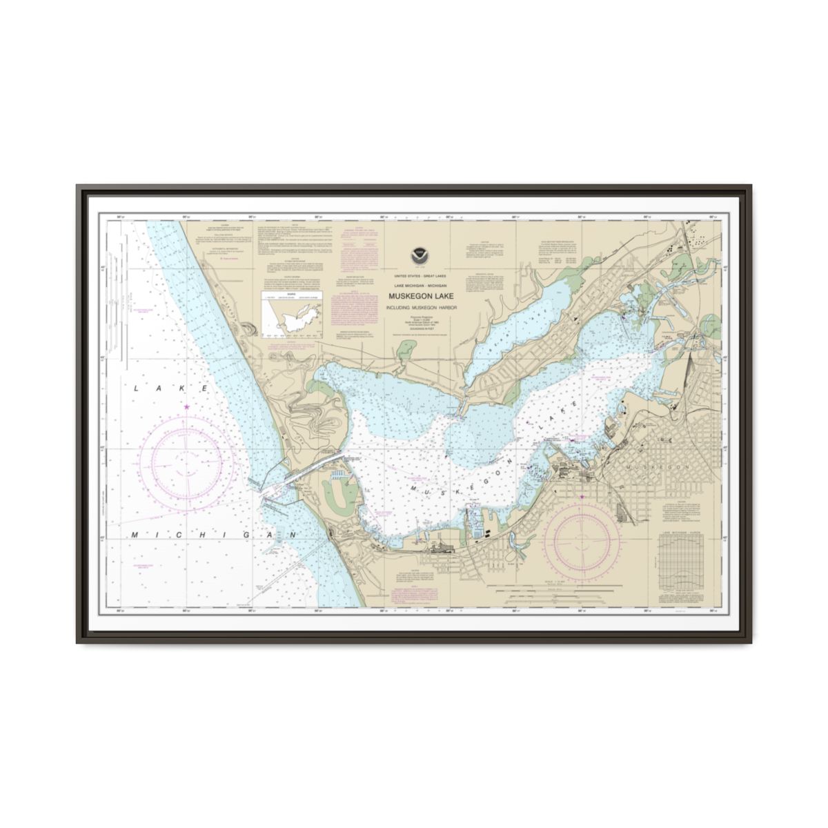 Chart 14934 Muskegon Lake and Muskegon Harbor - NOAA Nautical Chart Floating Frame Canvas | 30" x 20" | 36" x 24" | 48" x 32" - Espresso front