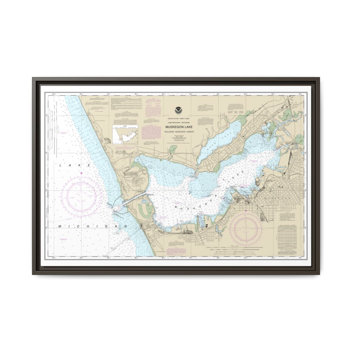 Chart 14934 Muskegon Lake and Muskegon Harbor - NOAA Nautical Chart Floating Frame Canvas | 30" x 20" | 36" x 24" | 48" x 32" - Espresso front