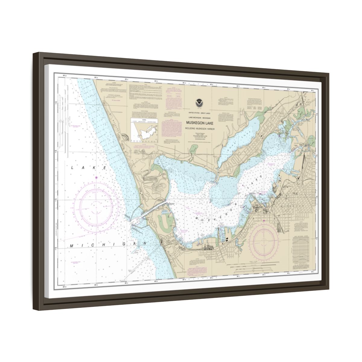 Chart 14934 Muskegon Lake and Muskegon Harbor - NOAA Nautical Chart Floating Frame Canvas | 30" x 20" | 36" x 24" | 48" x 32" - Espresso side
