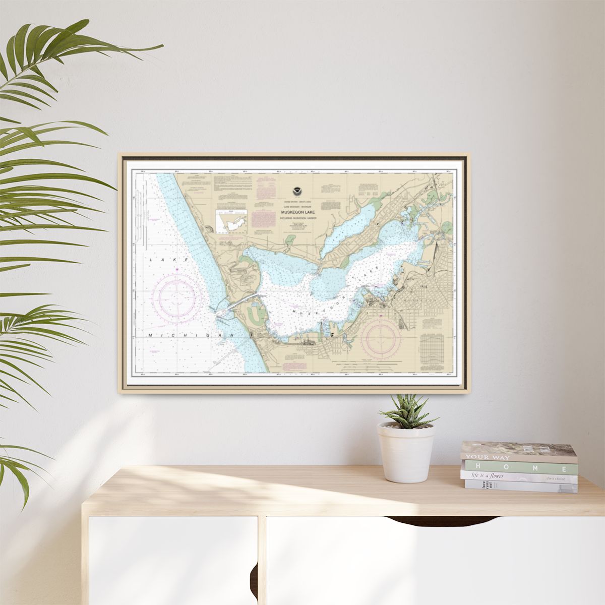 Chart 14934 Muskegon Lake and Muskegon Harbor - NOAA Nautical Chart Floating Frame Canvas | 30" x 20" | 36" x 24" | 48" x 32" - Natural context-1