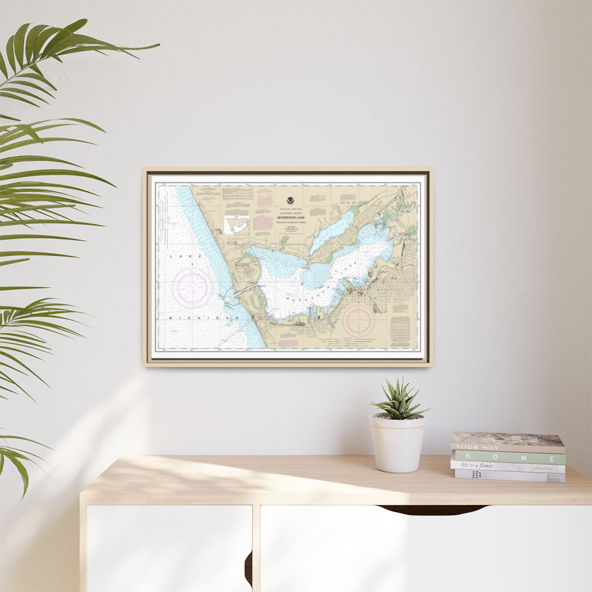 Chart 14934 Muskegon Lake and Muskegon Harbor - NOAA Nautical Chart Floating Frame Canvas | 30" x 20" | 36" x 24" | 48" x 32" - Natural context-1