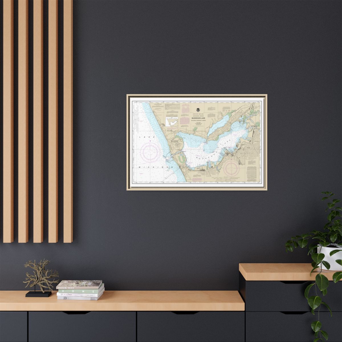 Chart 14934 Muskegon Lake and Muskegon Harbor - NOAA Nautical Chart Floating Frame Canvas | 30" x 20" | 36" x 24" | 48" x 32" - Natural context-2