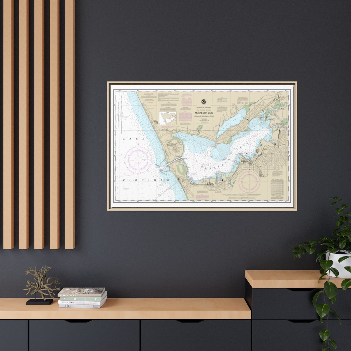 Chart 14934 Muskegon Lake and Muskegon Harbor - NOAA Nautical Chart Floating Frame Canvas | 30" x 20" | 36" x 24" | 48" x 32" - Natural context-2