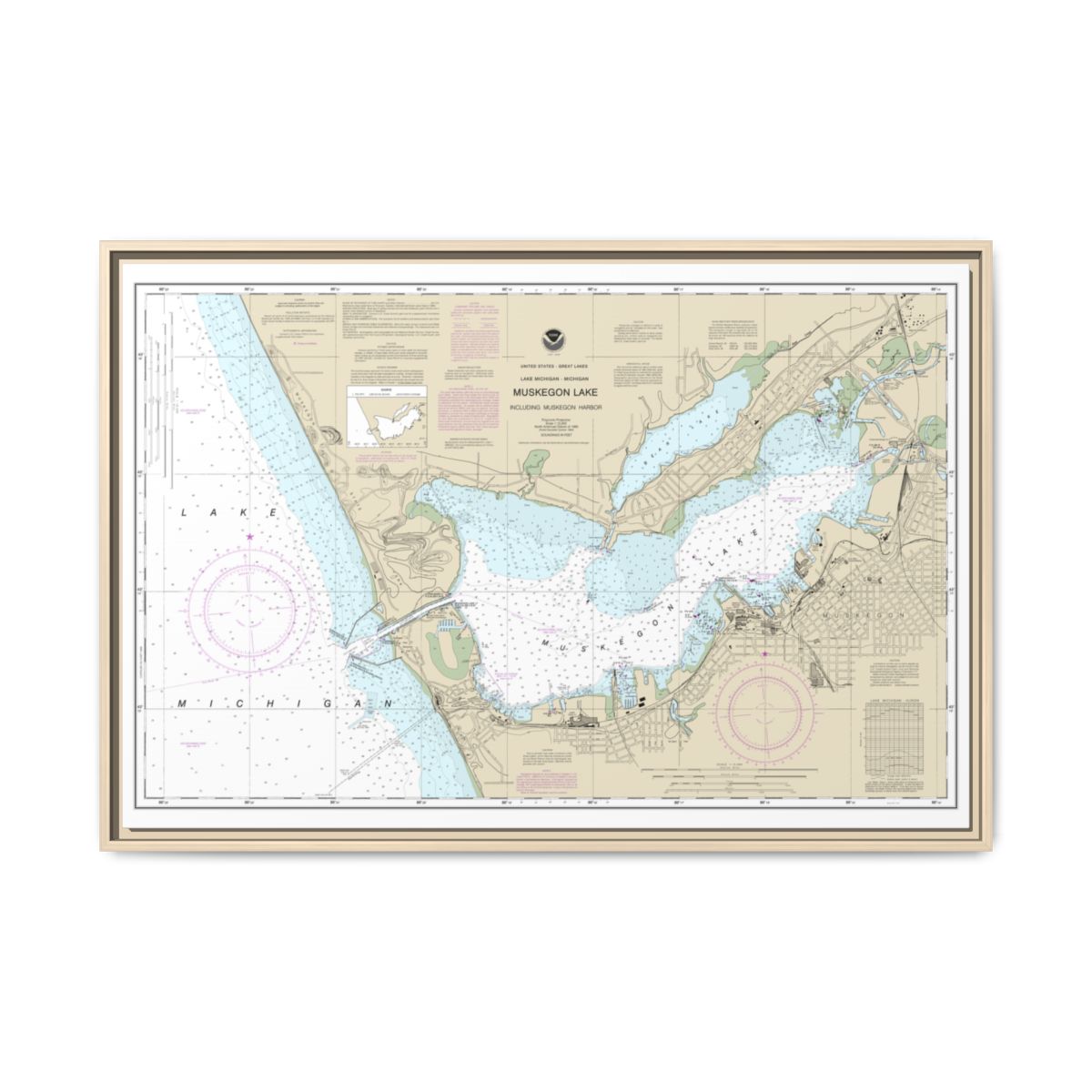 Chart 14934 Muskegon Lake and Muskegon Harbor - NOAA Nautical Chart Floating Frame Canvas | 30" x 20" | 36" x 24" | 48" x 32" - Natural front