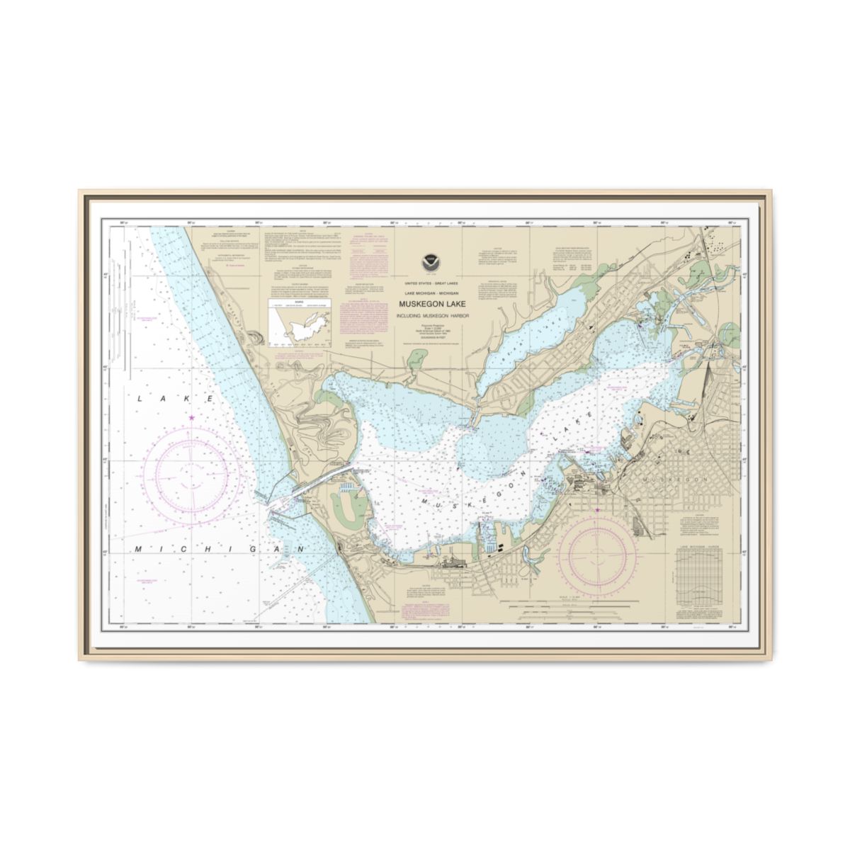 Chart 14934 Muskegon Lake and Muskegon Harbor - NOAA Nautical Chart Floating Frame Canvas | 30" x 20" | 36" x 24" | 48" x 32" - Natural front