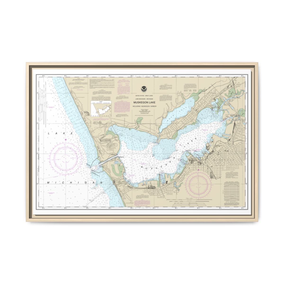 Chart 14934 Muskegon Lake and Muskegon Harbor - NOAA Nautical Chart Floating Frame Canvas | 30" x 20" | 36" x 24" | 48" x 32" - Natural front