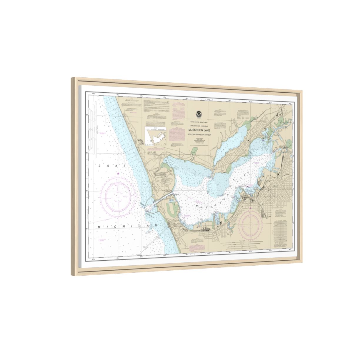Chart 14934 Muskegon Lake and Muskegon Harbor - NOAA Nautical Chart Floating Frame Canvas | 30" x 20" | 36" x 24" | 48" x 32" - Natural side