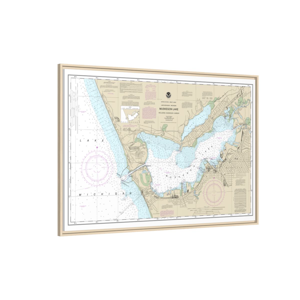 Chart 14934 Muskegon Lake and Muskegon Harbor - NOAA Nautical Chart Floating Frame Canvas | 30" x 20" | 36" x 24" | 48" x 32" - Natural side