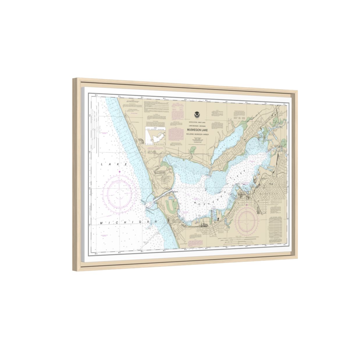 Chart 14934 Muskegon Lake and Muskegon Harbor - NOAA Nautical Chart Floating Frame Canvas | 30" x 20" | 36" x 24" | 48" x 32" - Natural side