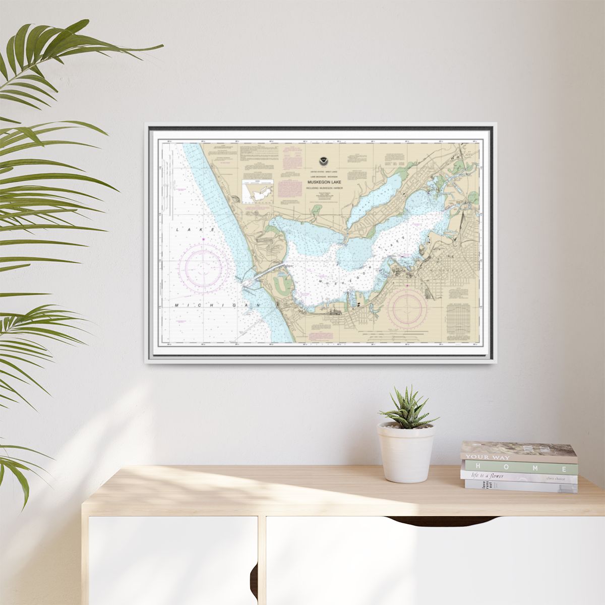 Chart 14934 Muskegon Lake and Muskegon Harbor - NOAA Nautical Chart Floating Frame Canvas | 30" x 20" | 36" x 24" | 48" x 32" - White context-1