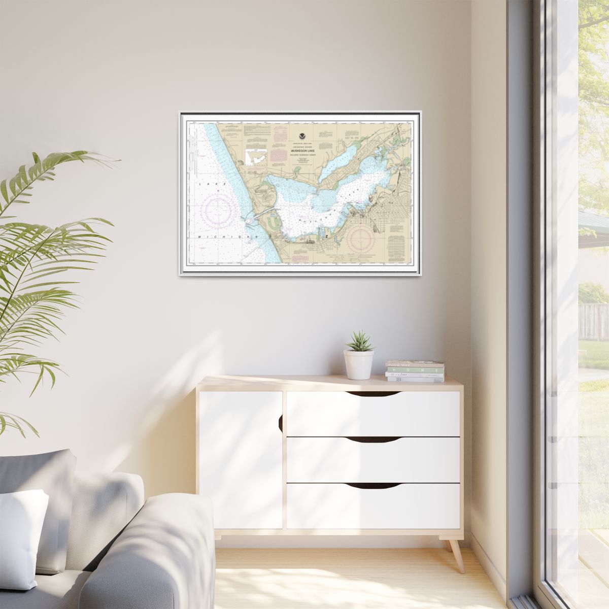 Chart 14934 Muskegon Lake and Muskegon Harbor - NOAA Nautical Chart Floating Frame Canvas | 30" x 20" | 36" x 24" | 48" x 32" - White context-1