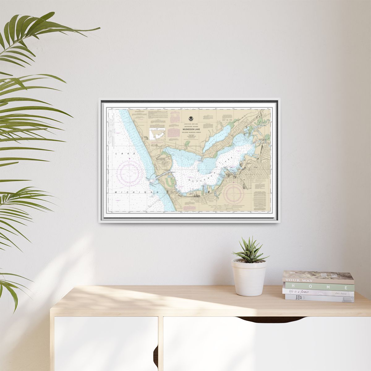 Chart 14934 Muskegon Lake and Muskegon Harbor - NOAA Nautical Chart Floating Frame Canvas | 30" x 20" | 36" x 24" | 48" x 32" - White context-1