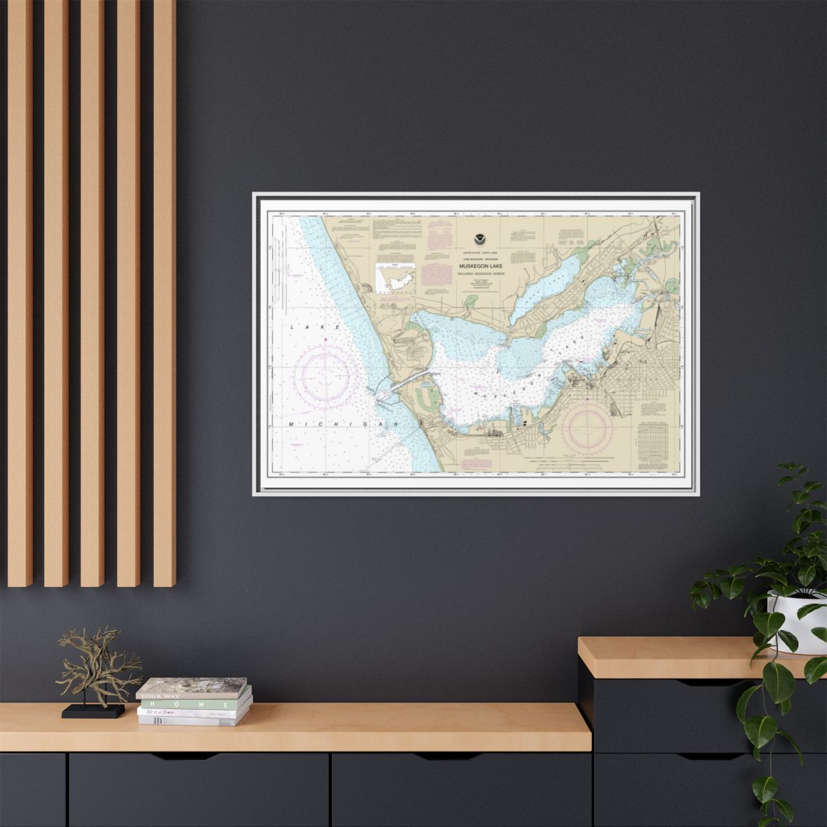 Chart 14934 Muskegon Lake and Muskegon Harbor - NOAA Nautical Chart Floating Frame Canvas | 30" x 20" | 36" x 24" | 48" x 32" - White context-2