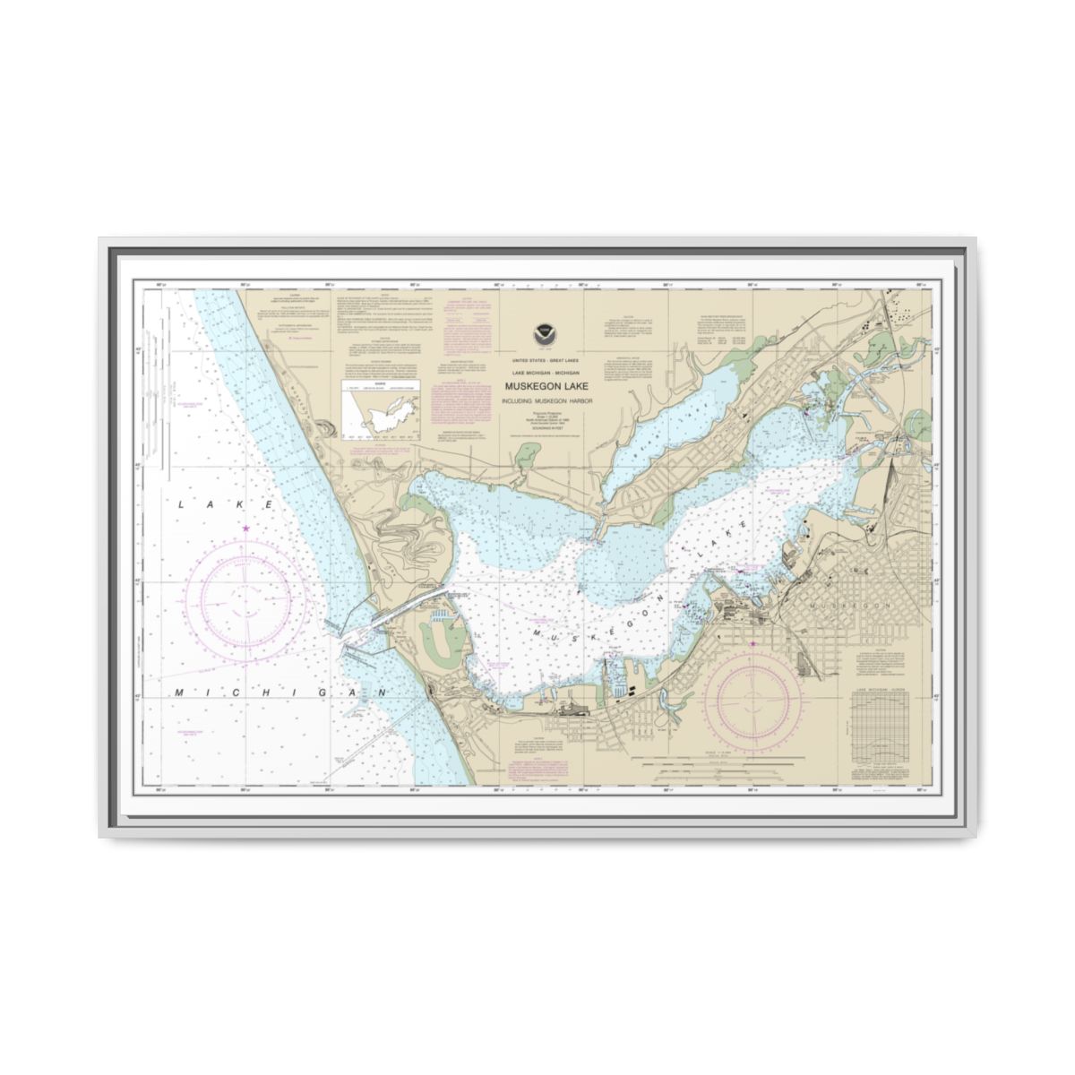 Chart 14934 Muskegon Lake and Muskegon Harbor - NOAA Nautical Chart Floating Frame Canvas | 30" x 20" | 36" x 24" | 48" x 32" - White front