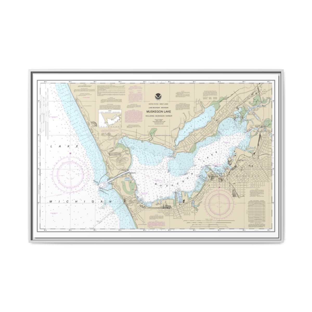 Chart 14934 Muskegon Lake and Muskegon Harbor - NOAA Nautical Chart Floating Frame Canvas | 30" x 20" | 36" x 24" | 48" x 32" - White front