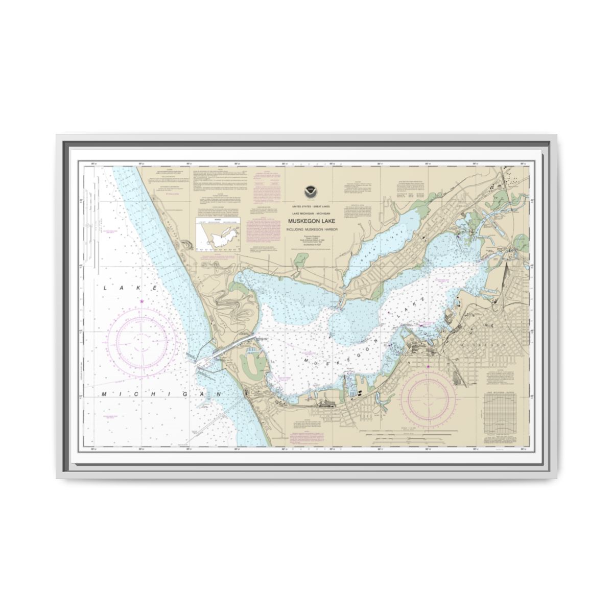 Chart 14934 Muskegon Lake and Muskegon Harbor - NOAA Nautical Chart Floating Frame Canvas | 30" x 20" | 36" x 24" | 48" x 32" - White front