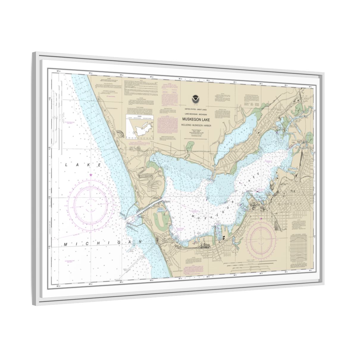 Chart 14934 Muskegon Lake and Muskegon Harbor - NOAA Nautical Chart Floating Frame Canvas | 30" x 20" | 36" x 24" | 48" x 32" - White side