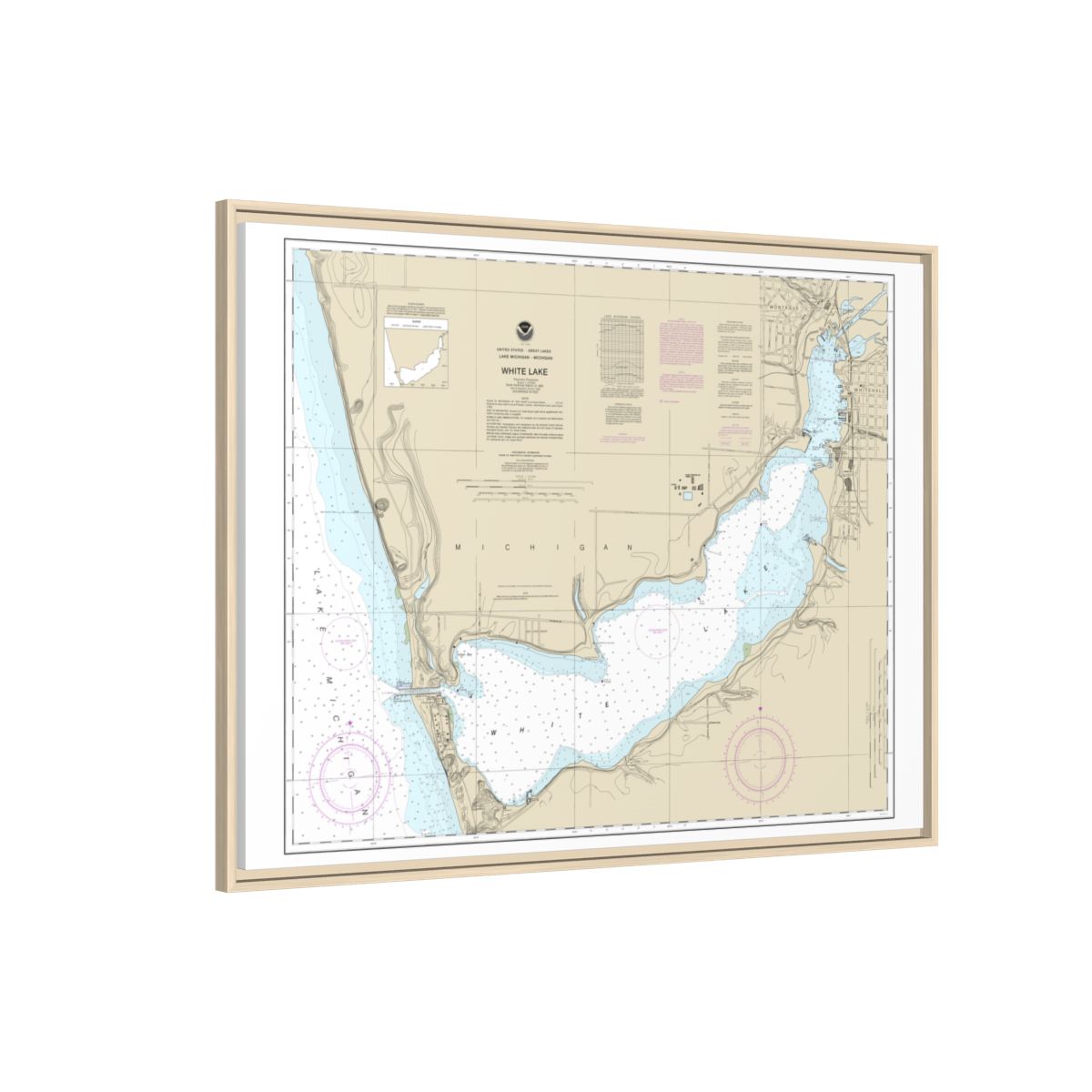 Chart 14935 White Lake - NOAA Nautical Chart Floating Frame Canvas | 32" x 24" | 40" x 30" - Natural side