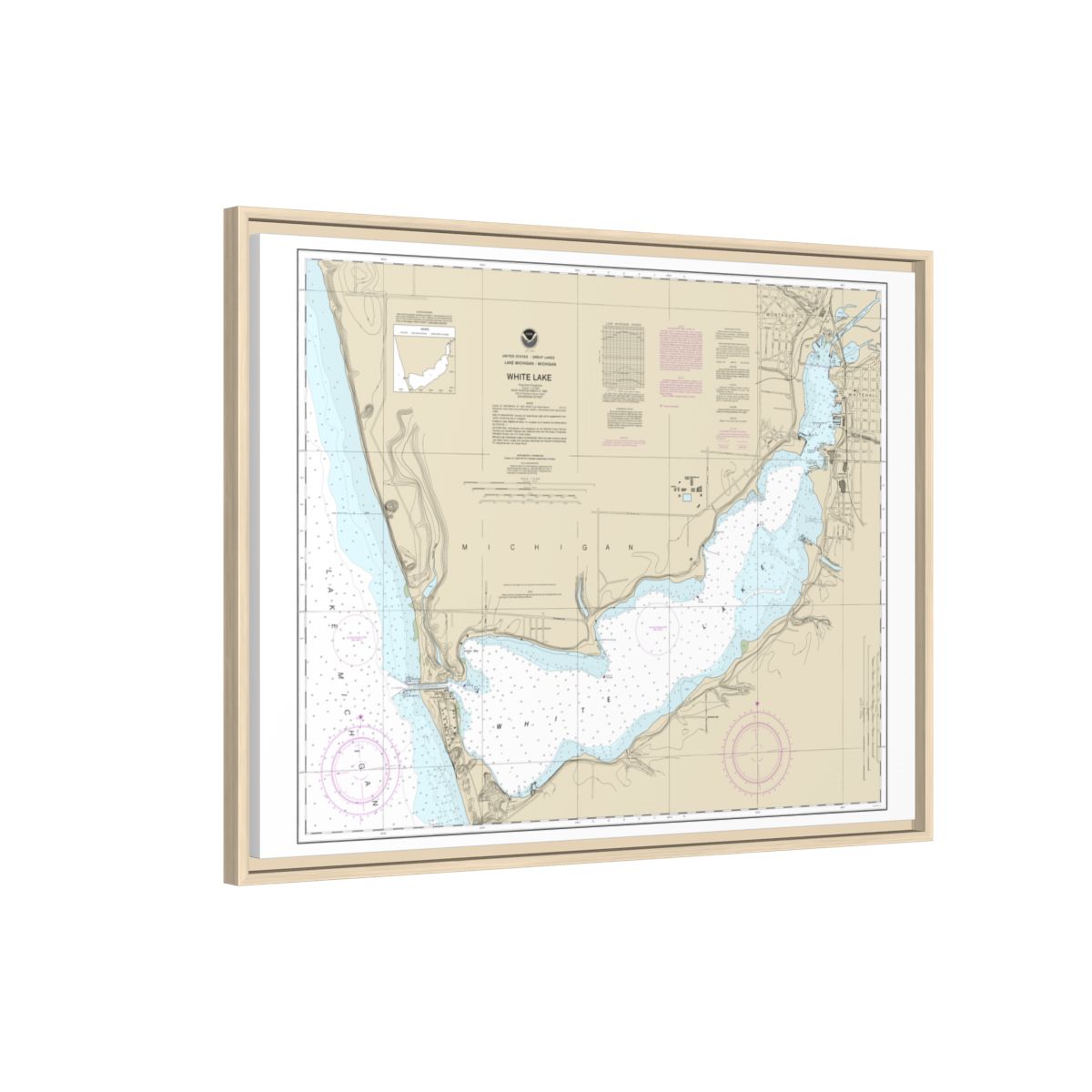 Chart 14935 White Lake - NOAA Nautical Chart Floating Frame Canvas | 32" x 24" | 40" x 30" - Natural side