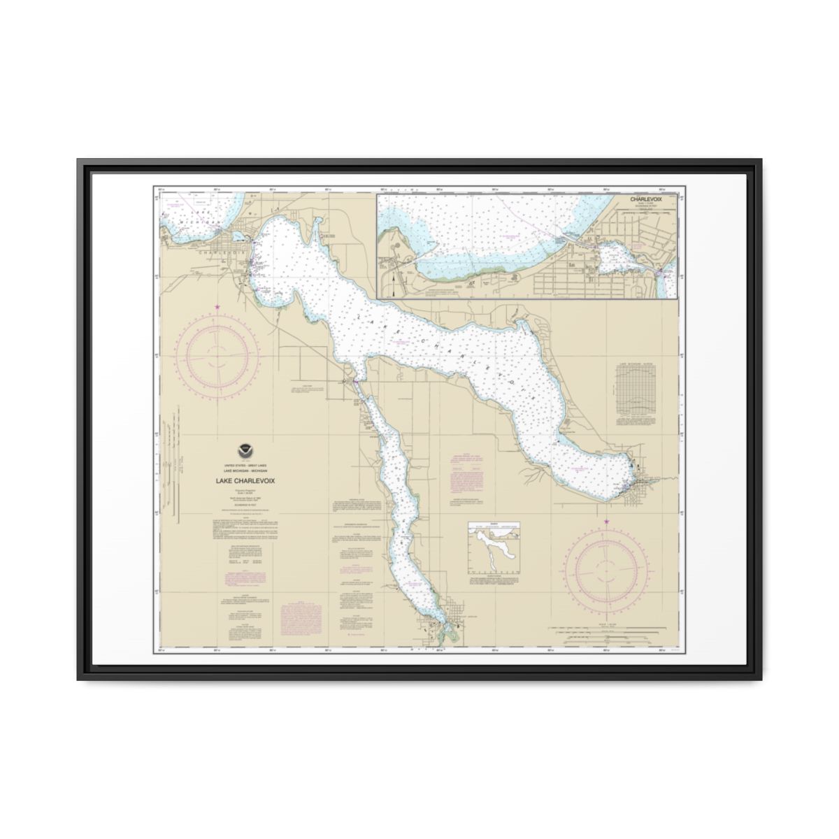 Chart 14942 Lake Charlevoix;Charlevoix, South Point to Round Lake - NOAA Nautical Chart Floating Frame Canvas | 32" x 24" | 40" x 30" - Black front