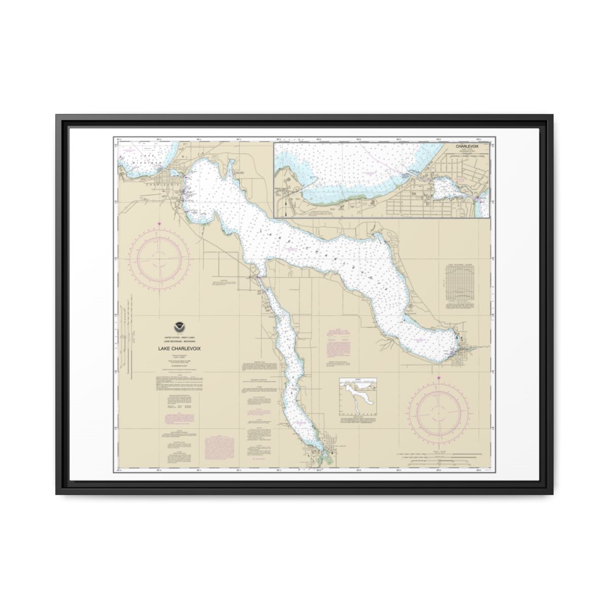 Chart 14942 Lake Charlevoix;Charlevoix, South Point to Round Lake - NOAA Nautical Chart Floating Frame Canvas | 32" x 24" | 40" x 30" - Black front