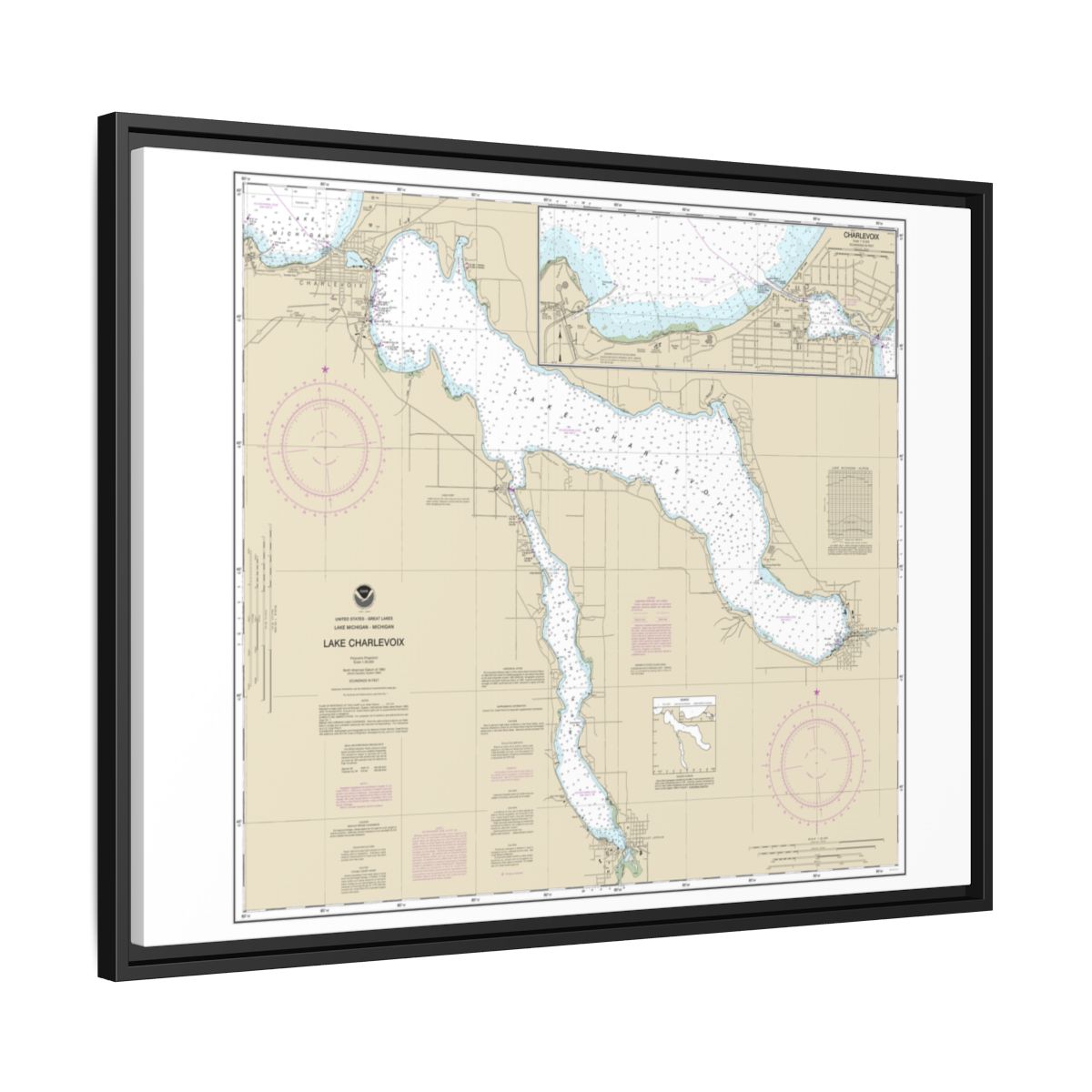 Chart 14942 Lake Charlevoix;Charlevoix, South Point to Round Lake - NOAA Nautical Chart Floating Frame Canvas | 32" x 24" | 40" x 30" - Black side
