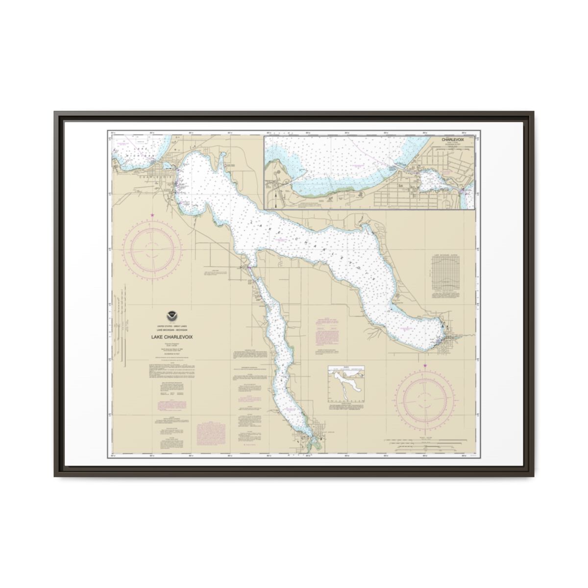 Chart 14942 Lake Charlevoix;Charlevoix, South Point to Round Lake - NOAA Nautical Chart Floating Frame Canvas | 32" x 24" | 40" x 30" - Espresso front