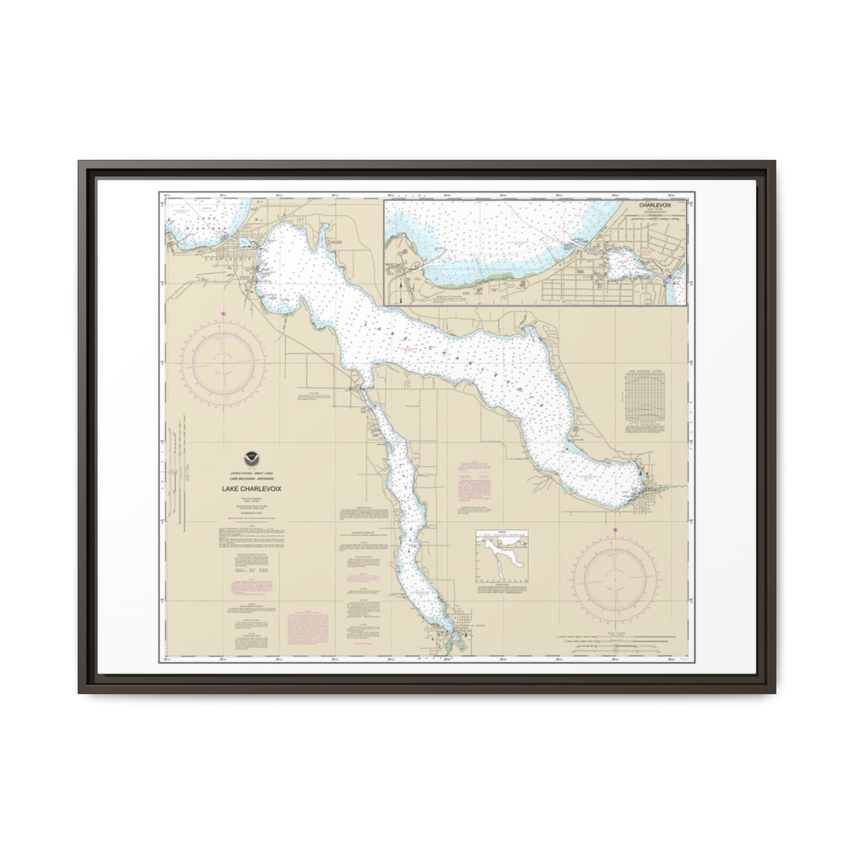 Chart 14942 Lake Charlevoix;Charlevoix, South Point to Round Lake - NOAA Nautical Chart Floating Frame Canvas | 32" x 24" | 40" x 30" - Espresso front