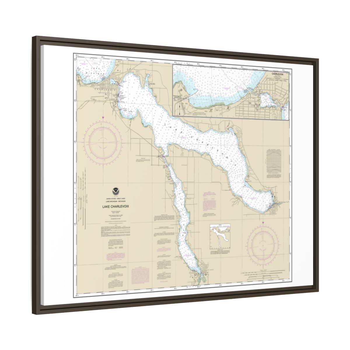 Chart 14942 Lake Charlevoix;Charlevoix, South Point to Round Lake - NOAA Nautical Chart Floating Frame Canvas | 32" x 24" | 40" x 30" - Espresso side