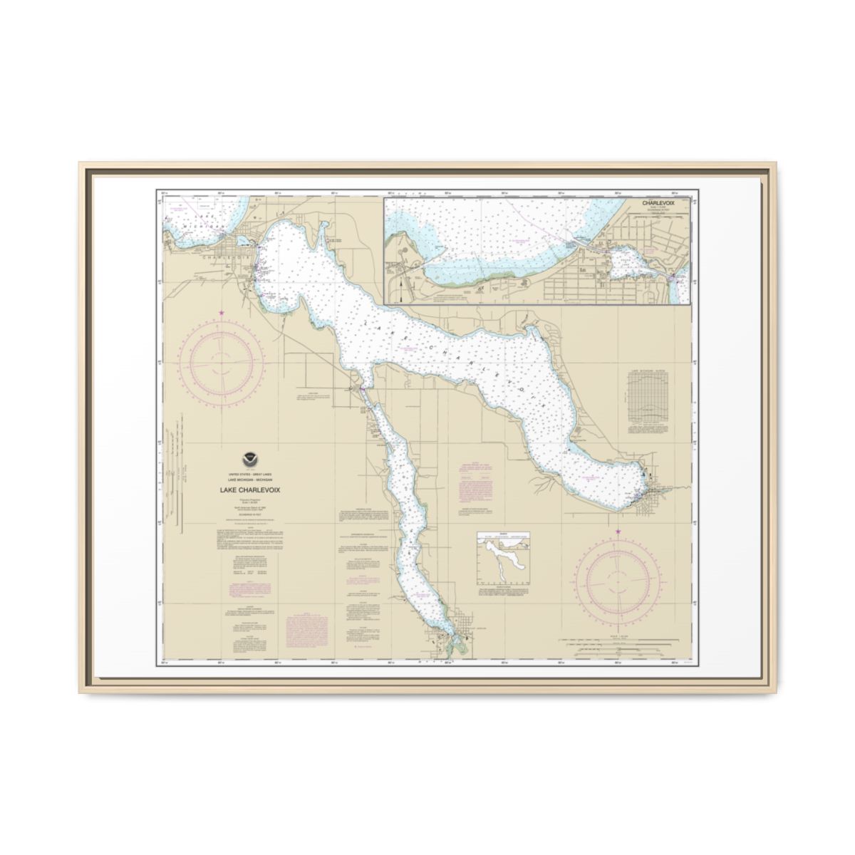 Chart 14942 Lake Charlevoix;Charlevoix, South Point to Round Lake - NOAA Nautical Chart Floating Frame Canvas | 32" x 24" | 40" x 30" - Natural front