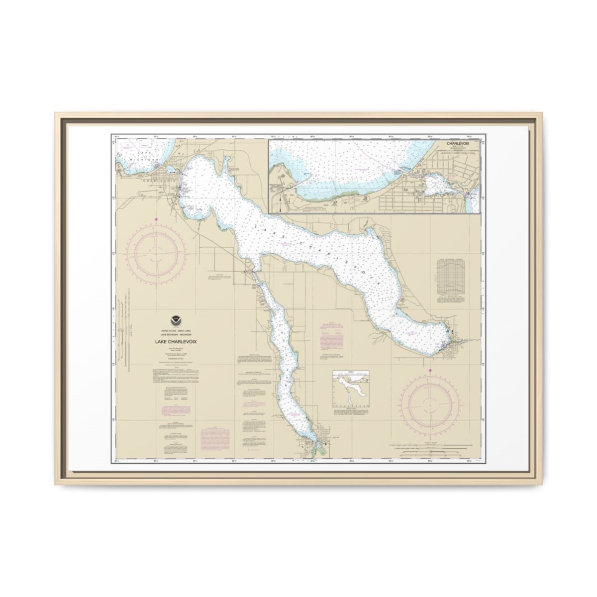 Chart 14942 Lake Charlevoix;Charlevoix, South Point to Round Lake - NOAA Nautical Chart Floating Frame Canvas | 32" x 24" | 40" x 30" - Natural front
