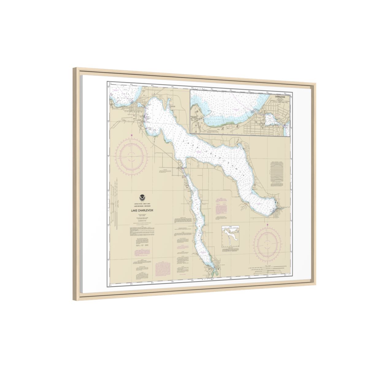 Chart 14942 Lake Charlevoix;Charlevoix, South Point to Round Lake - NOAA Nautical Chart Floating Frame Canvas | 32" x 24" | 40" x 30" - Natural side
