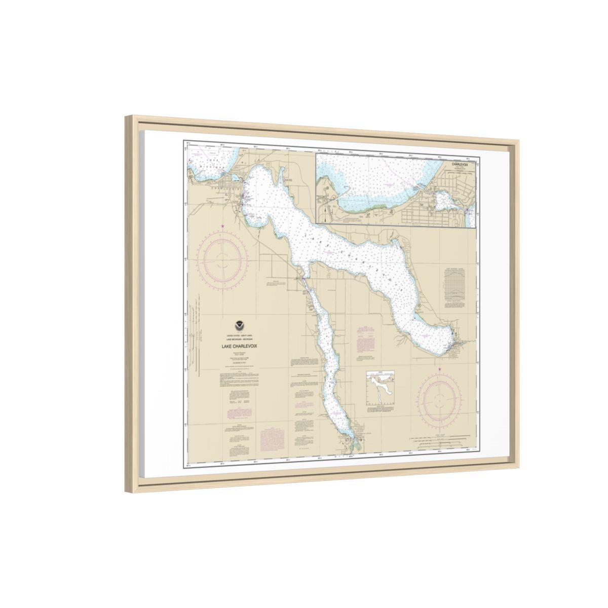 Chart 14942 Lake Charlevoix;Charlevoix, South Point to Round Lake - NOAA Nautical Chart Floating Frame Canvas | 32" x 24" | 40" x 30" - Natural side