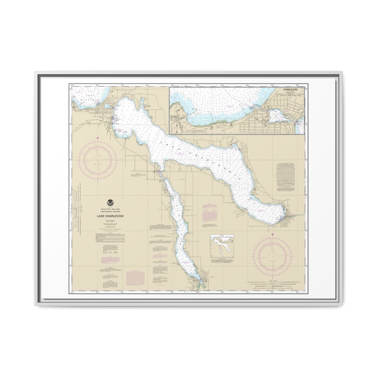 Chart 14942 Lake Charlevoix;Charlevoix, South Point to Round Lake - NOAA Nautical Chart Floating Frame Canvas | 32" x 24" | 40" x 30" - White front