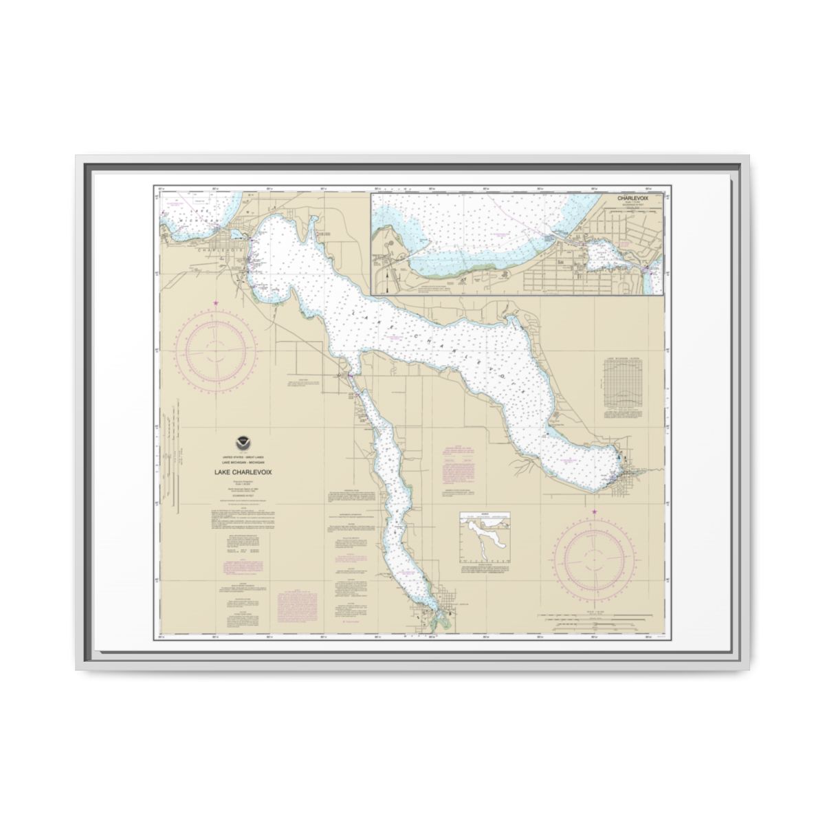 Chart 14942 Lake Charlevoix;Charlevoix, South Point to Round Lake - NOAA Nautical Chart Floating Frame Canvas | 32" x 24" | 40" x 30" - White front