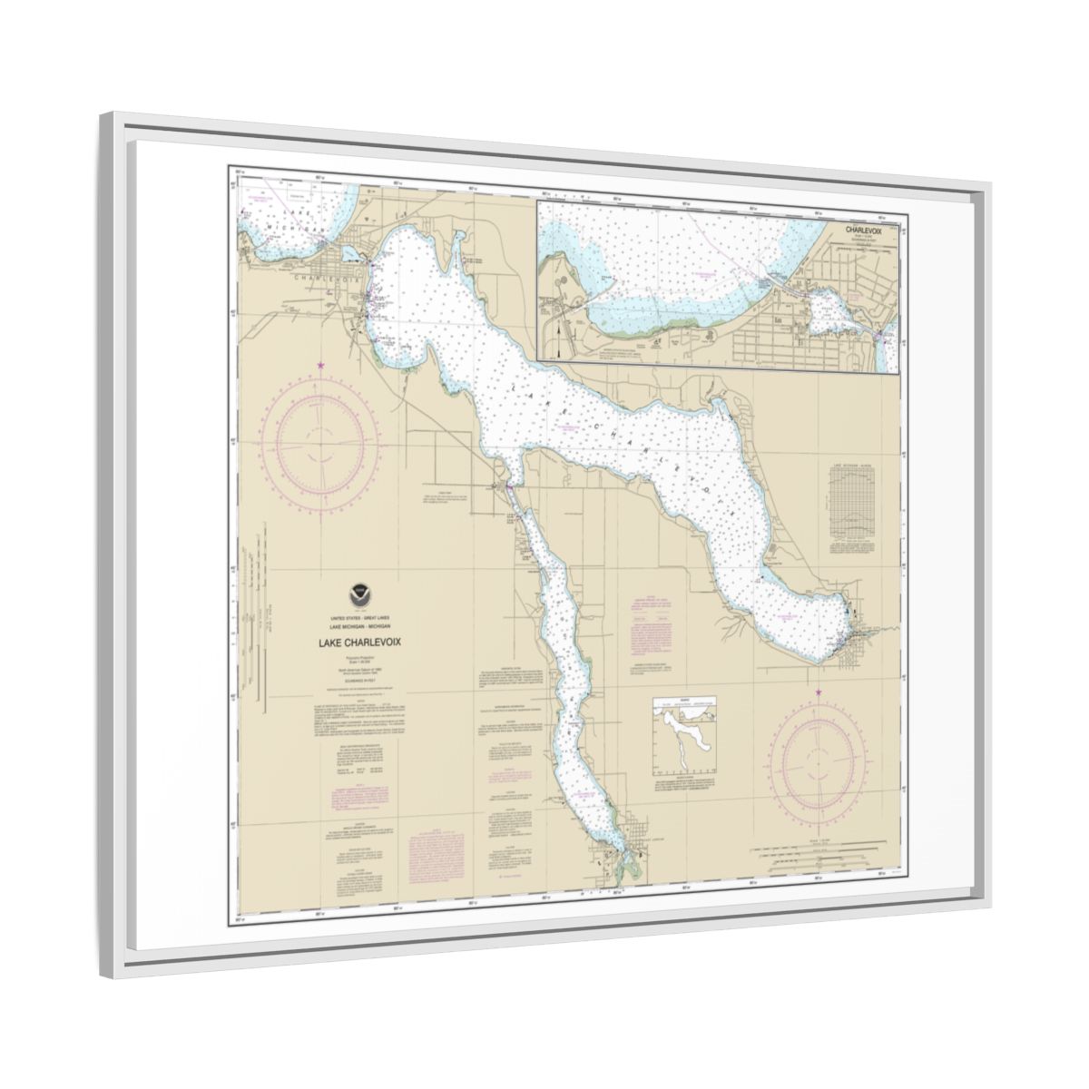 Chart 14942 Lake Charlevoix;Charlevoix, South Point to Round Lake - NOAA Nautical Chart Floating Frame Canvas | 32" x 24" | 40" x 30" - White side