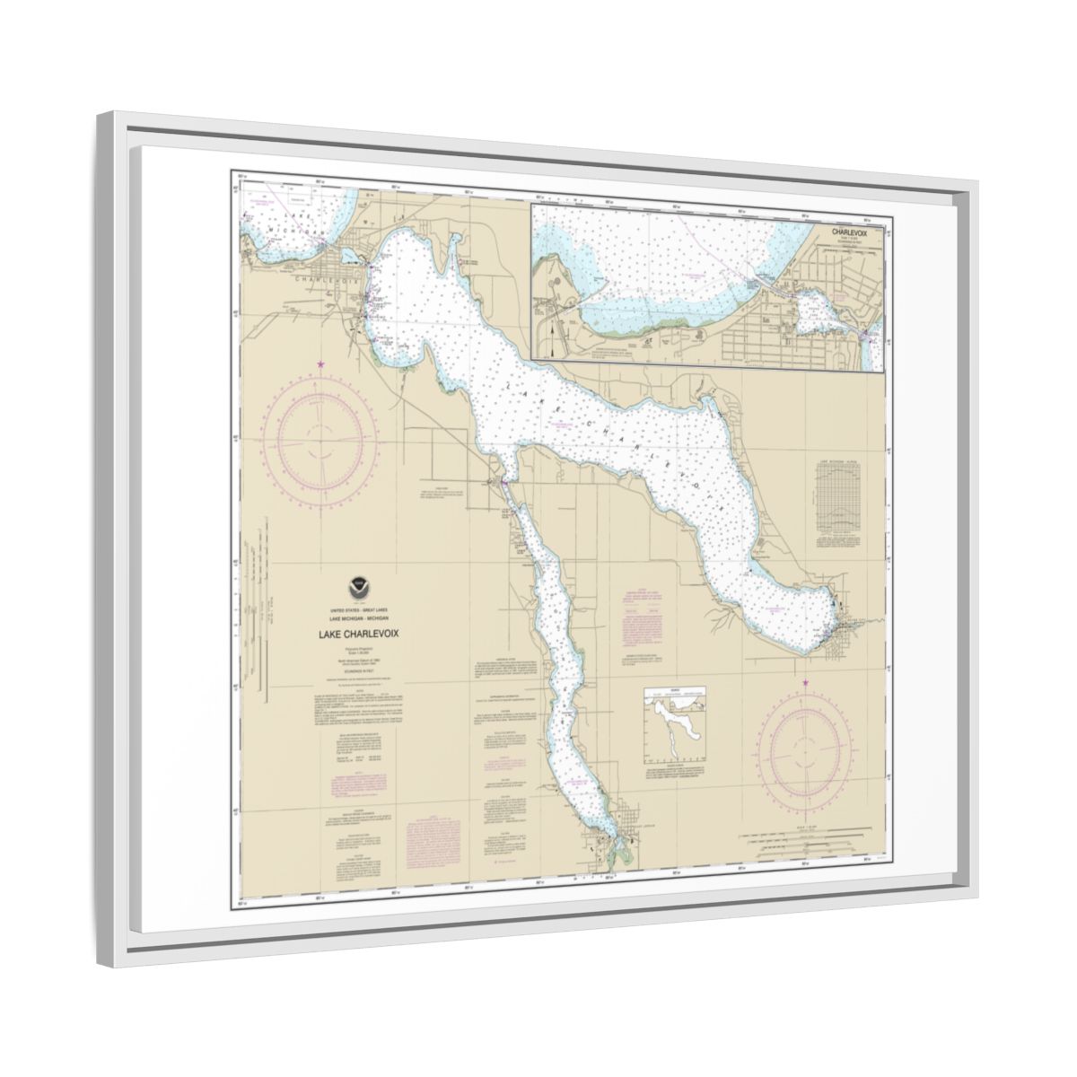 Chart 14942 Lake Charlevoix;Charlevoix, South Point to Round Lake - NOAA Nautical Chart Floating Frame Canvas | 32" x 24" | 40" x 30" - White side