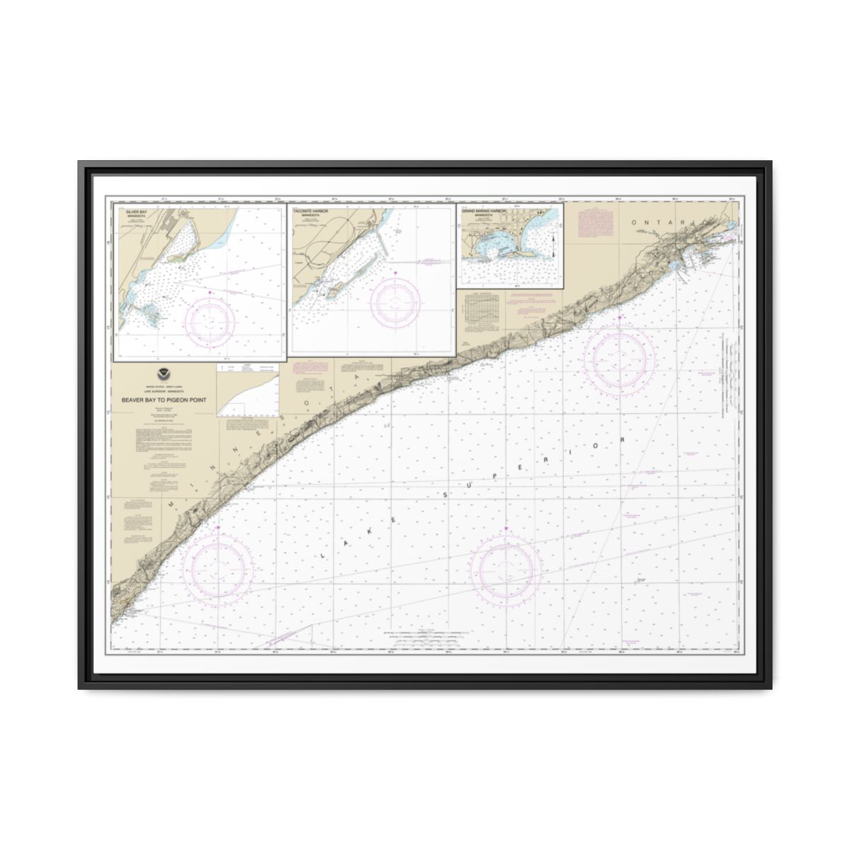 Chart 14967 Beaver Bay to Pigeon Point;Silver Bay Harbor;Taconite Harbor;Grand Marais Harbor - NOAA Nautical Chart Floating Frame Canvas | 32" x 24" | 40" x 30" - Black front
