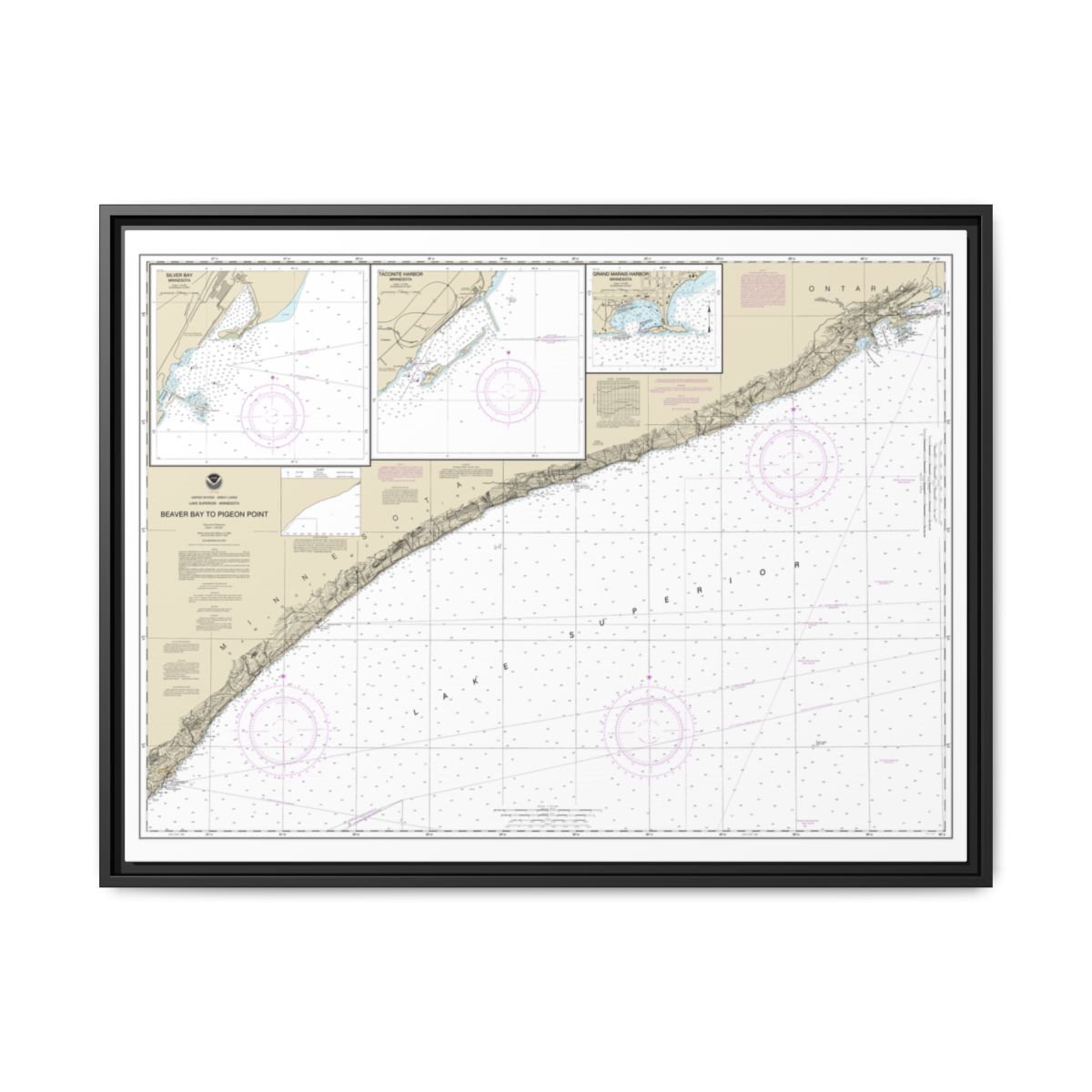 Chart 14967 Beaver Bay to Pigeon Point;Silver Bay Harbor;Taconite Harbor;Grand Marais Harbor - NOAA Nautical Chart Floating Frame Canvas | 32" x 24" | 40" x 30" - Black front