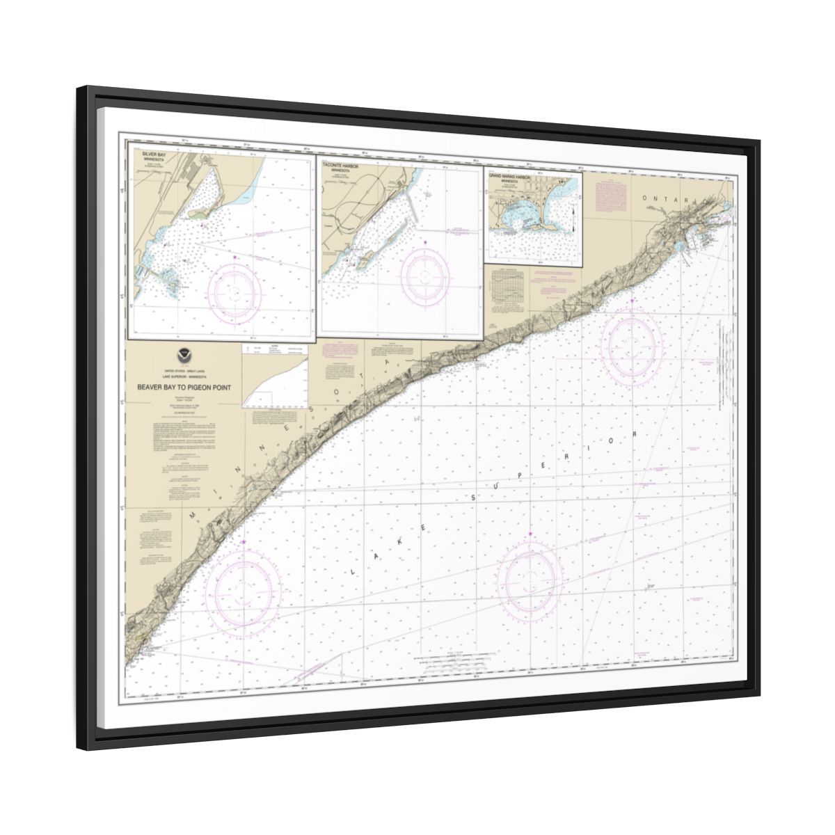 Chart 14967 Beaver Bay to Pigeon Point;Silver Bay Harbor;Taconite Harbor;Grand Marais Harbor - NOAA Nautical Chart Floating Frame Canvas | 32" x 24" | 40" x 30" - Black side
