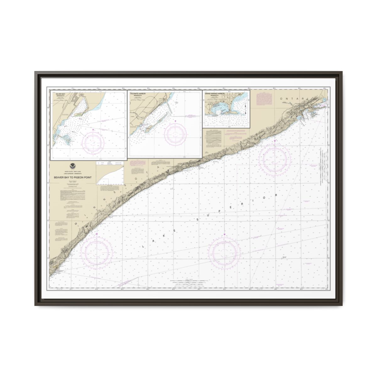 Chart 14967 Beaver Bay to Pigeon Point;Silver Bay Harbor;Taconite Harbor;Grand Marais Harbor - NOAA Nautical Chart Floating Frame Canvas | 32" x 24" | 40" x 30" - Espresso front
