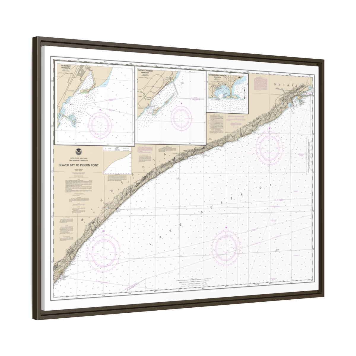 Chart 14967 Beaver Bay to Pigeon Point;Silver Bay Harbor;Taconite Harbor;Grand Marais Harbor - NOAA Nautical Chart Floating Frame Canvas | 32" x 24" | 40" x 30" - Espresso side