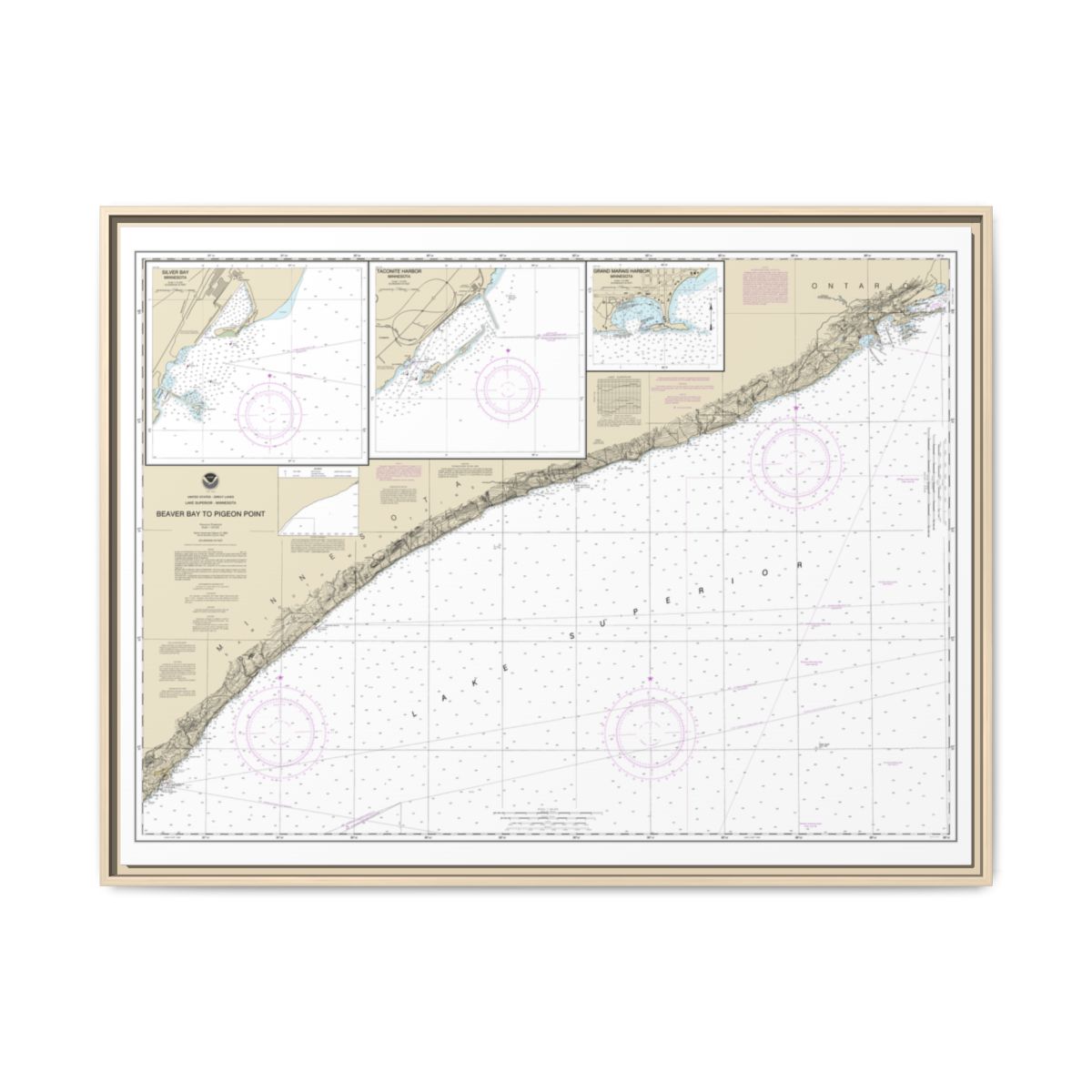 Chart 14967 Beaver Bay to Pigeon Point;Silver Bay Harbor;Taconite Harbor;Grand Marais Harbor - NOAA Nautical Chart Floating Frame Canvas | 32" x 24" | 40" x 30" - Natural front