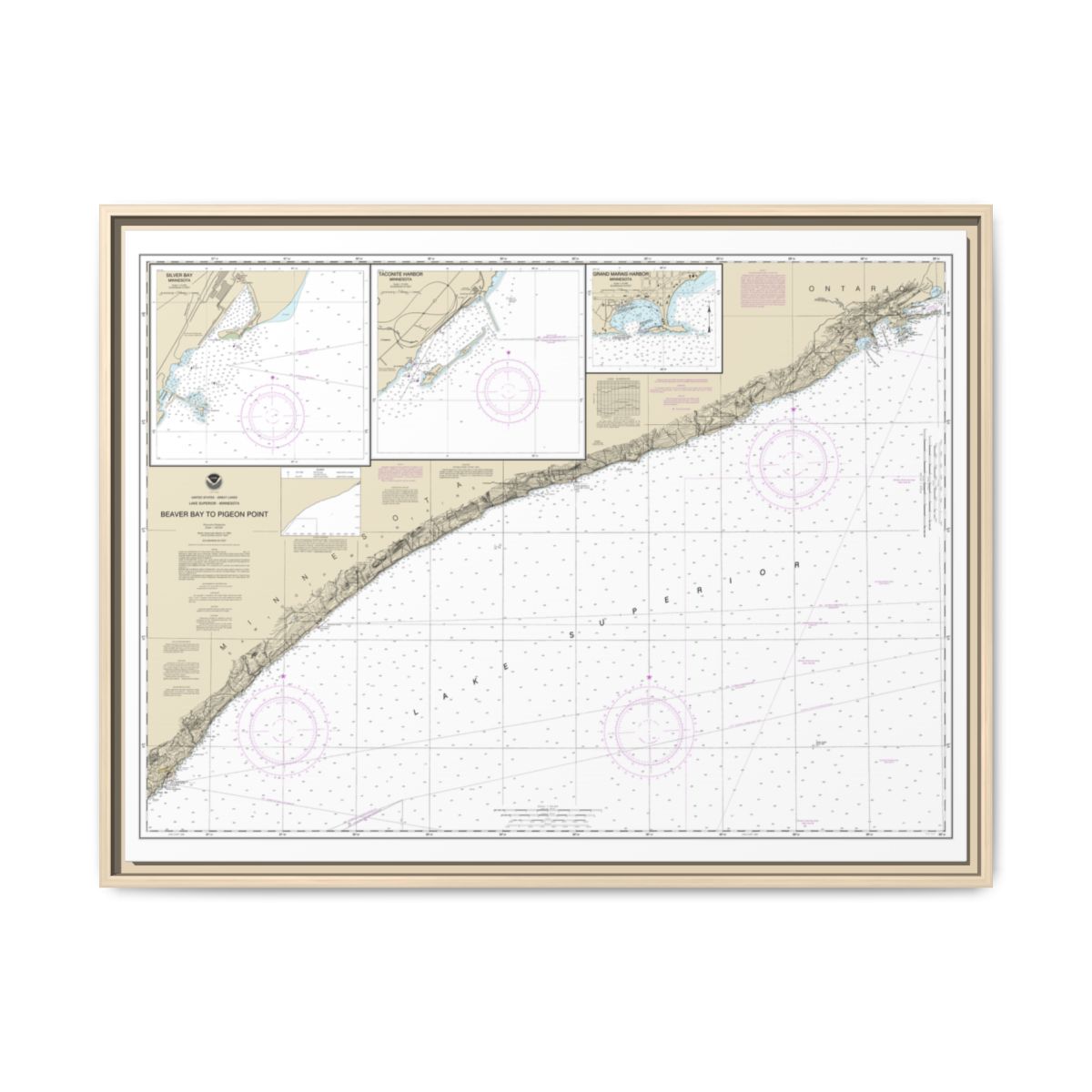 Chart 14967 Beaver Bay to Pigeon Point;Silver Bay Harbor;Taconite Harbor;Grand Marais Harbor - NOAA Nautical Chart Floating Frame Canvas | 32" x 24" | 40" x 30" - Natural front