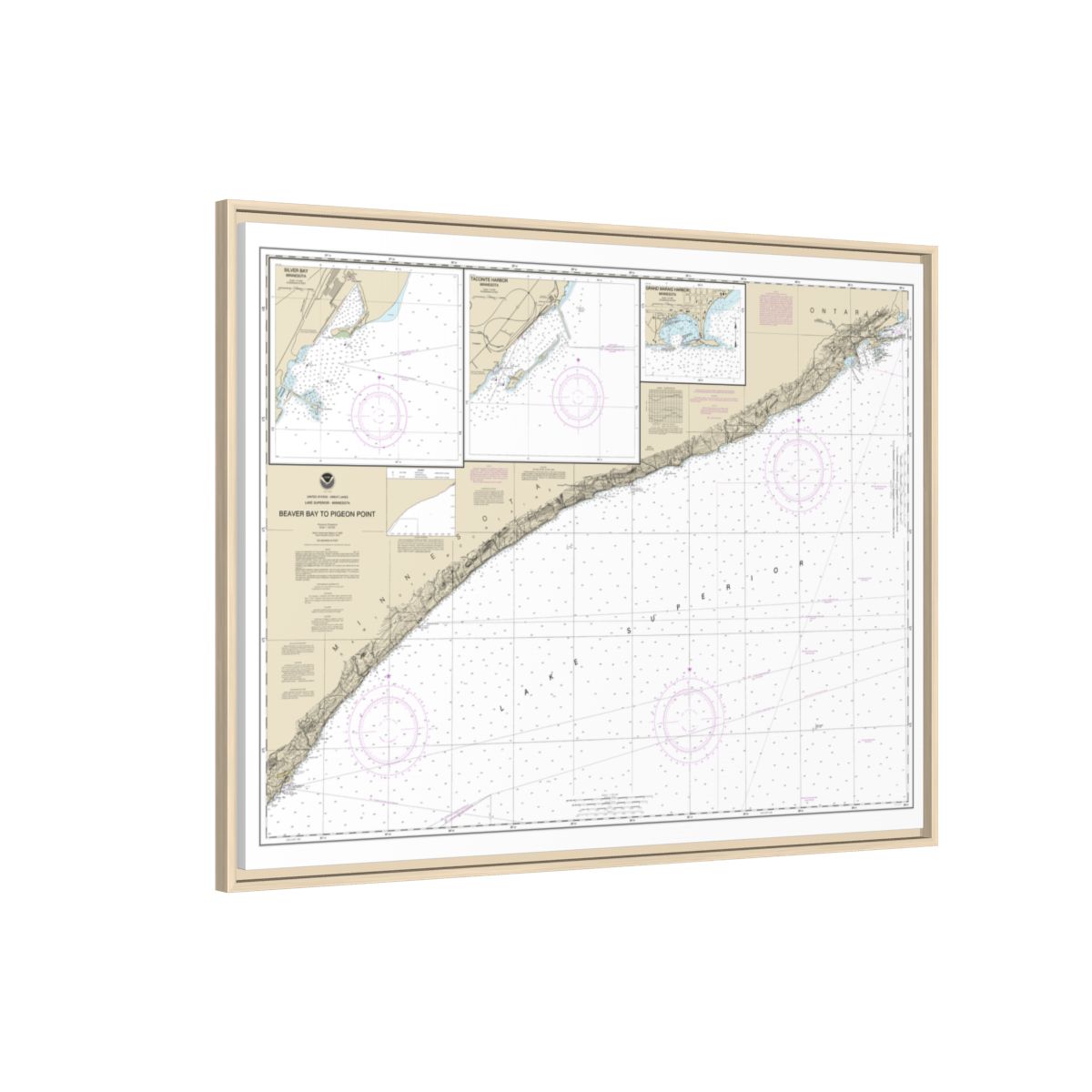 Chart 14967 Beaver Bay to Pigeon Point;Silver Bay Harbor;Taconite Harbor;Grand Marais Harbor - NOAA Nautical Chart Floating Frame Canvas | 32" x 24" | 40" x 30" - Natural side