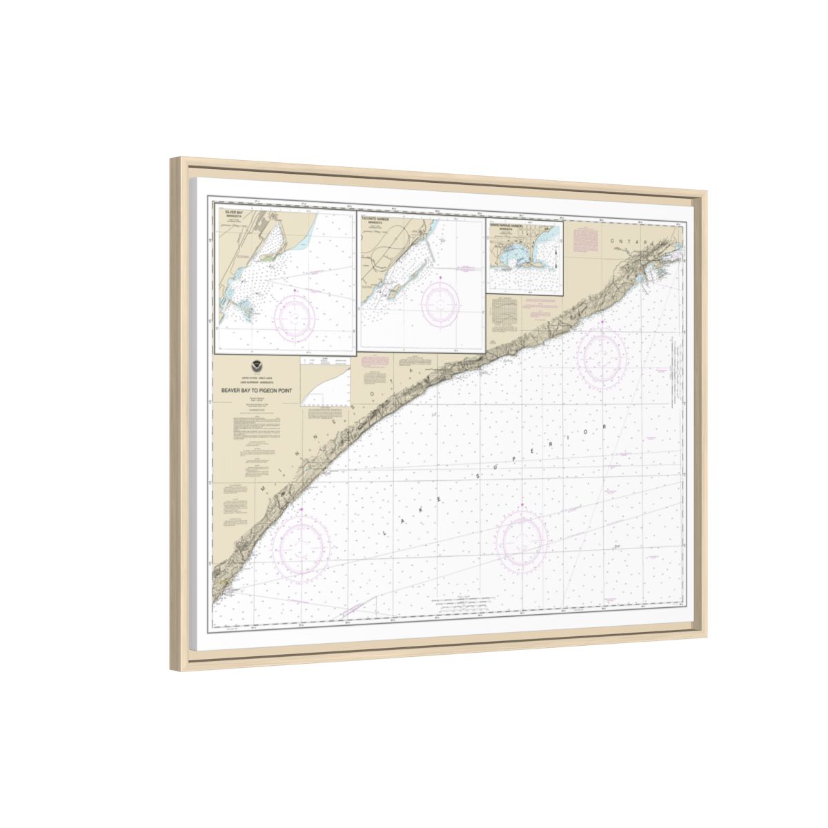 Chart 14967 Beaver Bay to Pigeon Point;Silver Bay Harbor;Taconite Harbor;Grand Marais Harbor - NOAA Nautical Chart Floating Frame Canvas | 32" x 24" | 40" x 30" - Natural side
