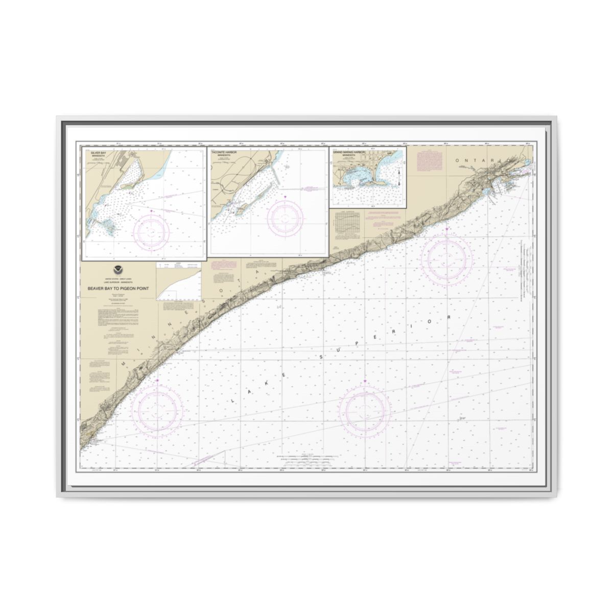 Chart 14967 Beaver Bay to Pigeon Point;Silver Bay Harbor;Taconite Harbor;Grand Marais Harbor - NOAA Nautical Chart Floating Frame Canvas | 32" x 24" | 40" x 30" - White front